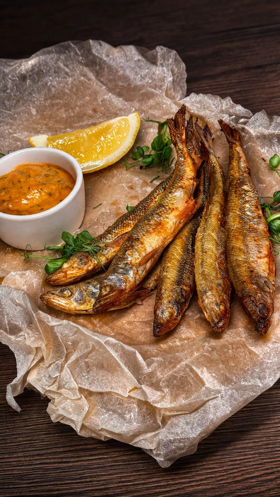 Запеченная корюшка с соусом сальбитчада